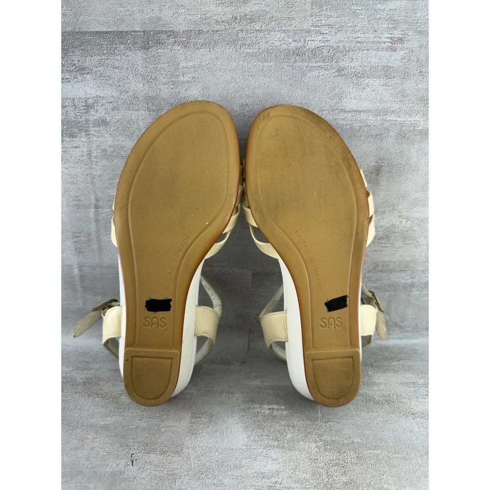 SAS Tripad Comfort Women Sz 6.5 M Cream Leather Wedge Sandals USA Bow Detail